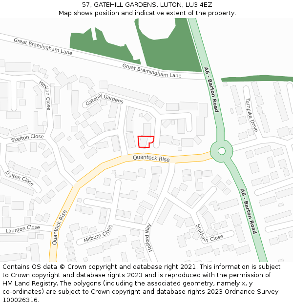 57, GATEHILL GARDENS, LUTON, LU3 4EZ: Location map and indicative extent of plot