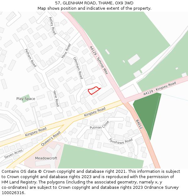 57, GLENHAM ROAD, THAME, OX9 3WD: Location map and indicative extent of plot