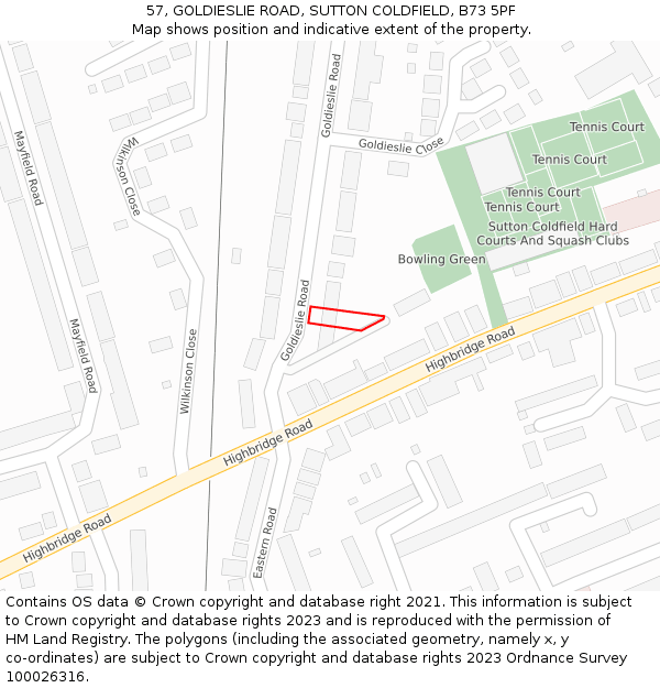 57, GOLDIESLIE ROAD, SUTTON COLDFIELD, B73 5PF: Location map and indicative extent of plot