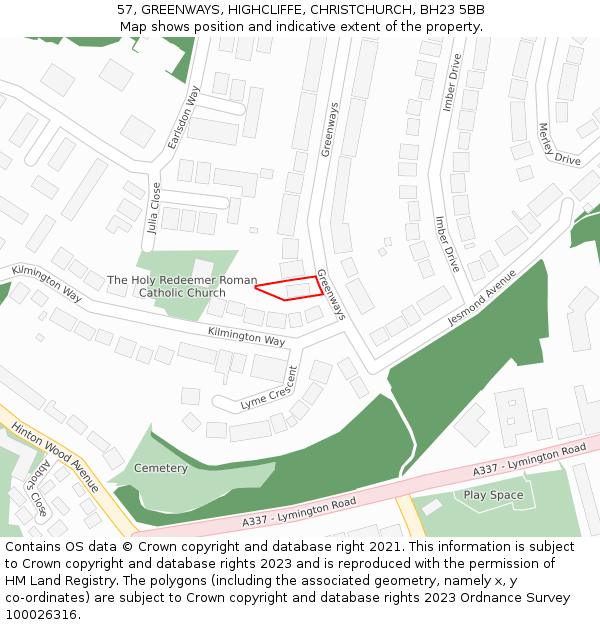 57, GREENWAYS, HIGHCLIFFE, CHRISTCHURCH, BH23 5BB: Location map and indicative extent of plot