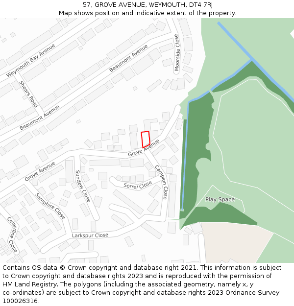 57, GROVE AVENUE, WEYMOUTH, DT4 7RJ: Location map and indicative extent of plot