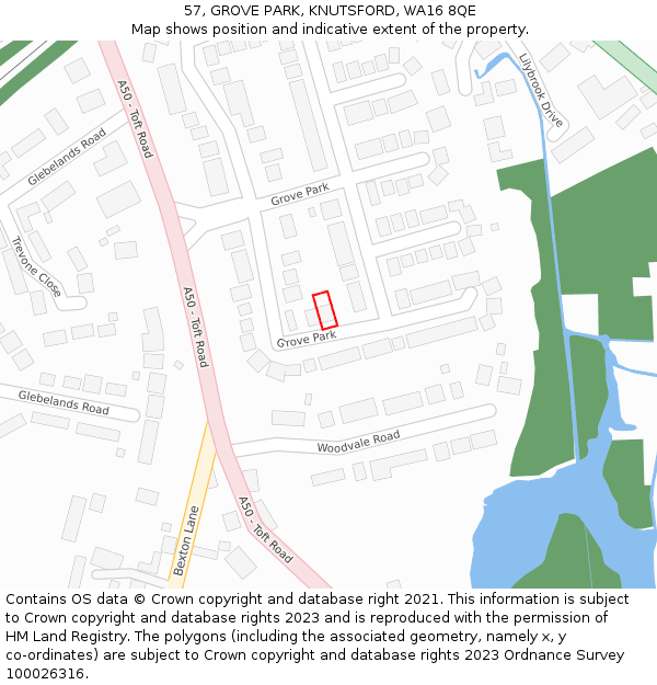 57, GROVE PARK, KNUTSFORD, WA16 8QE: Location map and indicative extent of plot
