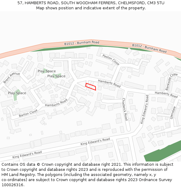 57, HAMBERTS ROAD, SOUTH WOODHAM FERRERS, CHELMSFORD, CM3 5TU: Location map and indicative extent of plot