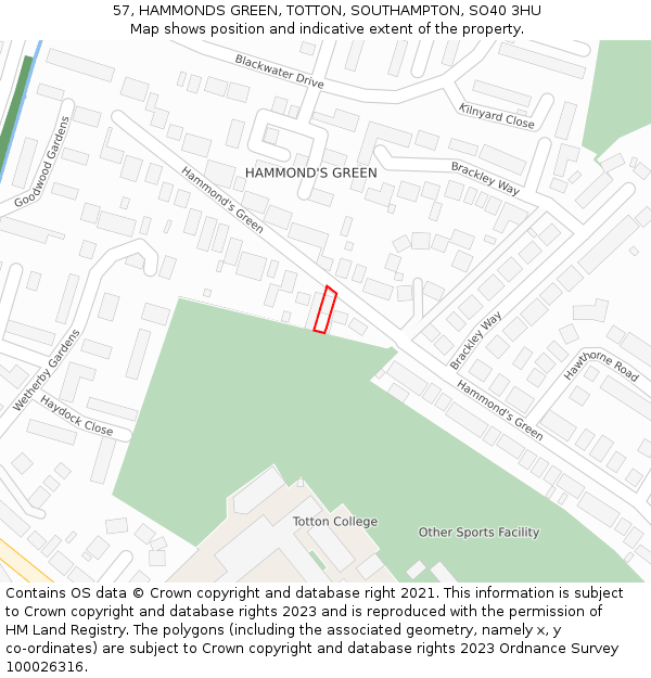 57, HAMMONDS GREEN, TOTTON, SOUTHAMPTON, SO40 3HU: Location map and indicative extent of plot