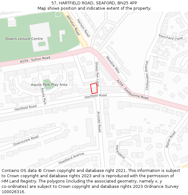 57, HARTFIELD ROAD, SEAFORD, BN25 4PP: Location map and indicative extent of plot