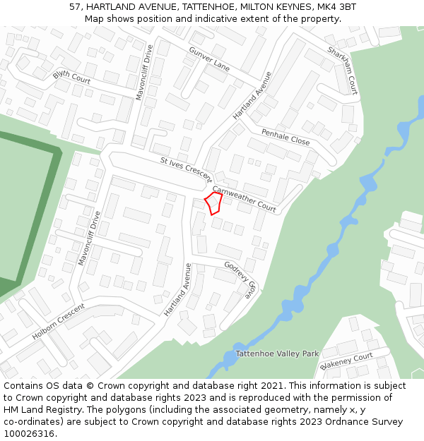 57, HARTLAND AVENUE, TATTENHOE, MILTON KEYNES, MK4 3BT: Location map and indicative extent of plot