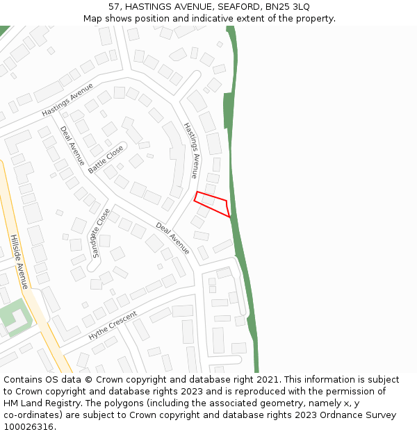 57, HASTINGS AVENUE, SEAFORD, BN25 3LQ: Location map and indicative extent of plot