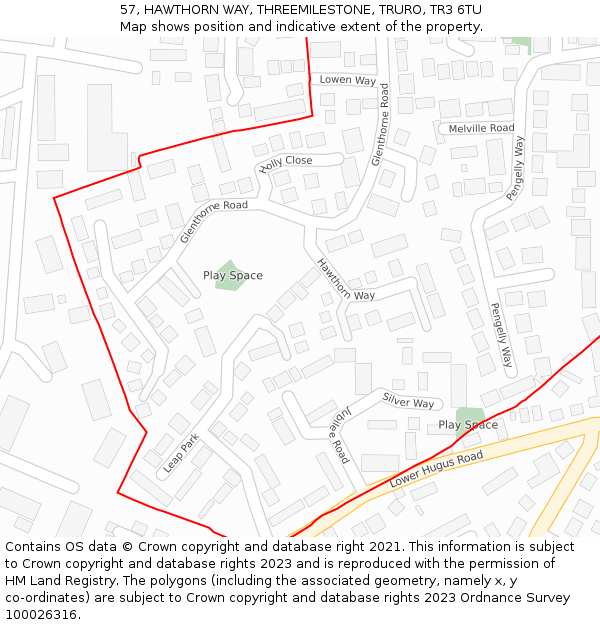 57, HAWTHORN WAY, THREEMILESTONE, TRURO, TR3 6TU: Location map and indicative extent of plot