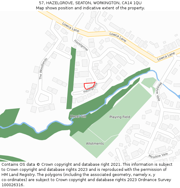 57, HAZELGROVE, SEATON, WORKINGTON, CA14 1QU: Location map and indicative extent of plot