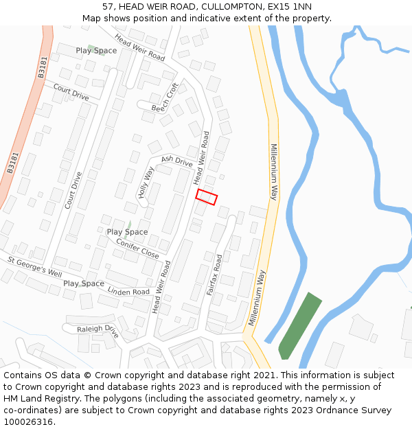 57, HEAD WEIR ROAD, CULLOMPTON, EX15 1NN: Location map and indicative extent of plot