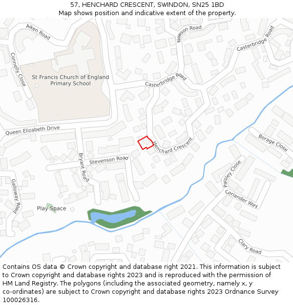 57, HENCHARD CRESCENT, SWINDON, SN25 1BD: Location map and indicative extent of plot