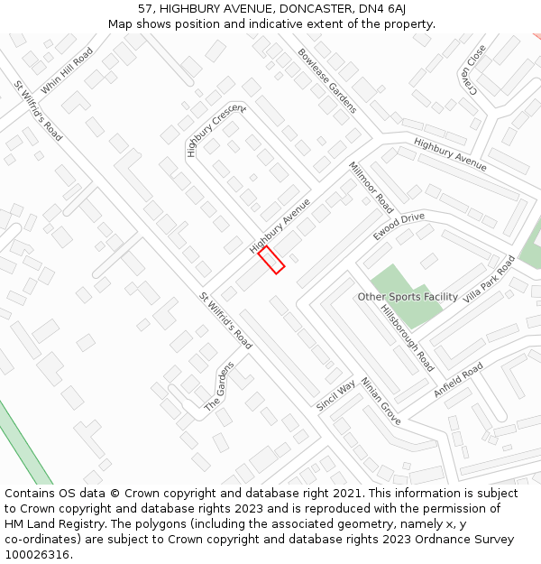 57, HIGHBURY AVENUE, DONCASTER, DN4 6AJ: Location map and indicative extent of plot