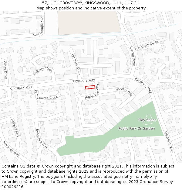 57, HIGHGROVE WAY, KINGSWOOD, HULL, HU7 3JU: Location map and indicative extent of plot