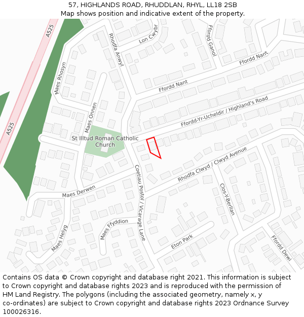 57, HIGHLANDS ROAD, RHUDDLAN, RHYL, LL18 2SB: Location map and indicative extent of plot