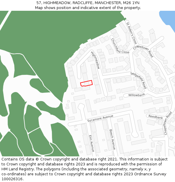 57, HIGHMEADOW, RADCLIFFE, MANCHESTER, M26 1YN: Location map and indicative extent of plot