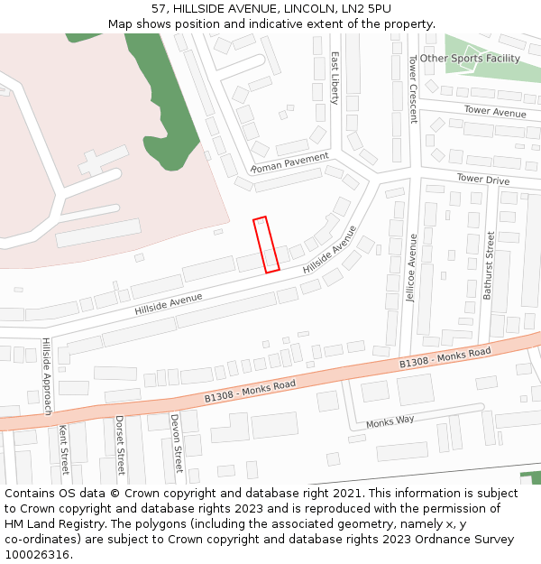 57, HILLSIDE AVENUE, LINCOLN, LN2 5PU: Location map and indicative extent of plot