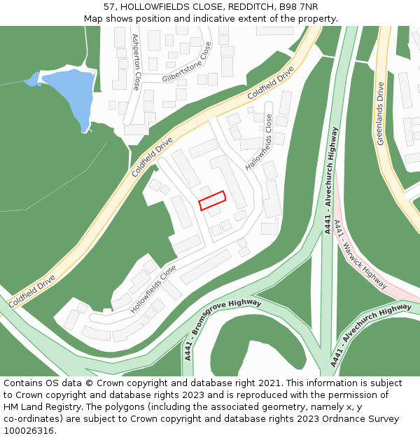 57, HOLLOWFIELDS CLOSE, REDDITCH, B98 7NR: Location map and indicative extent of plot
