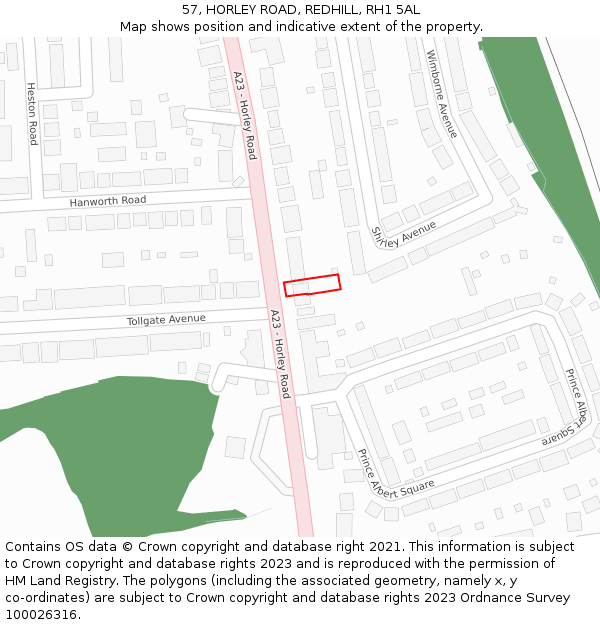 57, HORLEY ROAD, REDHILL, RH1 5AL: Location map and indicative extent of plot