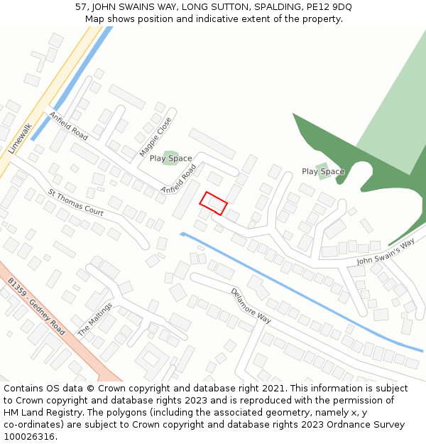 57, JOHN SWAINS WAY, LONG SUTTON, SPALDING, PE12 9DQ: Location map and indicative extent of plot