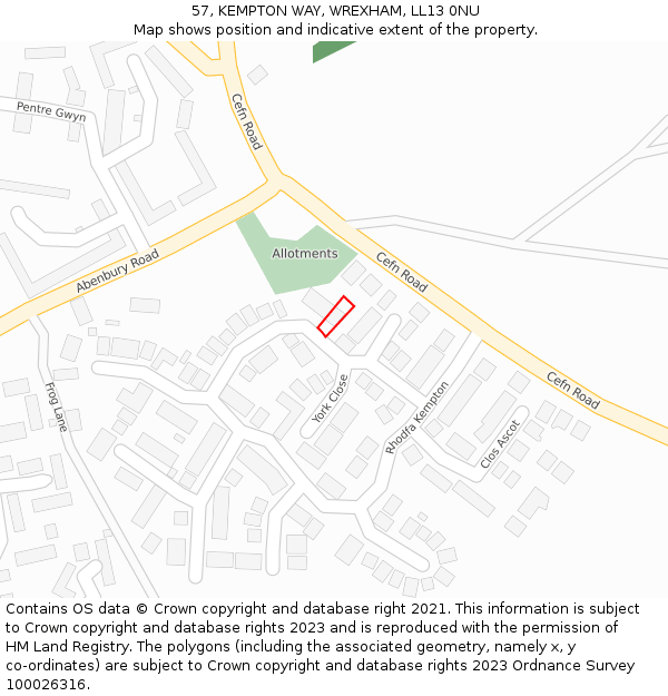 57, KEMPTON WAY, WREXHAM, LL13 0NU: Location map and indicative extent of plot