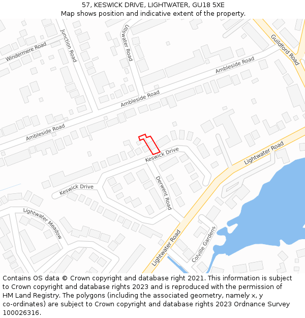 57, KESWICK DRIVE, LIGHTWATER, GU18 5XE: Location map and indicative extent of plot