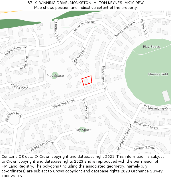 57, KILWINNING DRIVE, MONKSTON, MILTON KEYNES, MK10 9BW: Location map and indicative extent of plot