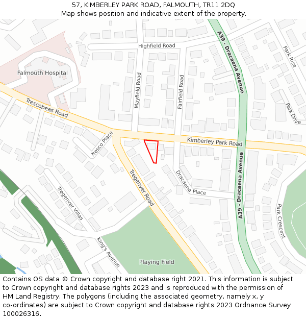 57, KIMBERLEY PARK ROAD, FALMOUTH, TR11 2DQ: Location map and indicative extent of plot