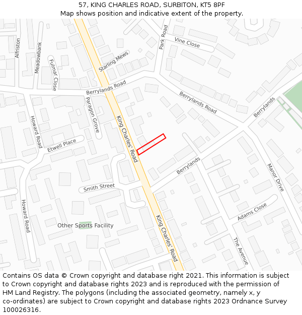 57, KING CHARLES ROAD, SURBITON, KT5 8PF: Location map and indicative extent of plot