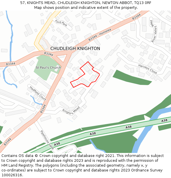 57, KNIGHTS MEAD, CHUDLEIGH KNIGHTON, NEWTON ABBOT, TQ13 0RF: Location map and indicative extent of plot