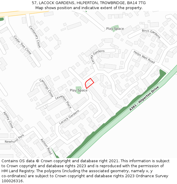 57, LACOCK GARDENS, HILPERTON, TROWBRIDGE, BA14 7TG: Location map and indicative extent of plot