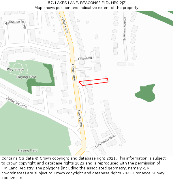 57, LAKES LANE, BEACONSFIELD, HP9 2JZ: Location map and indicative extent of plot