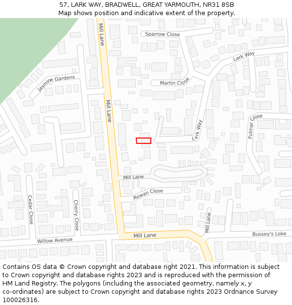 57, LARK WAY, BRADWELL, GREAT YARMOUTH, NR31 8SB: Location map and indicative extent of plot