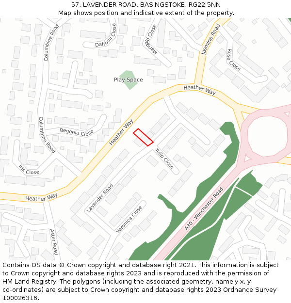 57, LAVENDER ROAD, BASINGSTOKE, RG22 5NN: Location map and indicative extent of plot