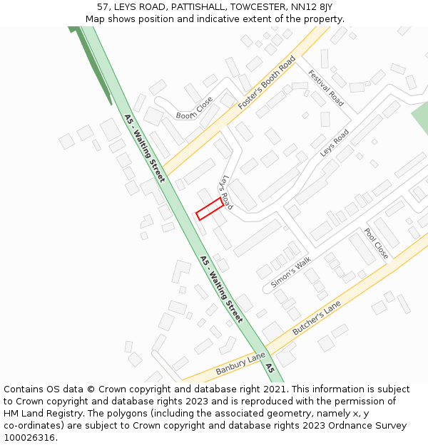 57, LEYS ROAD, PATTISHALL, TOWCESTER, NN12 8JY: Location map and indicative extent of plot