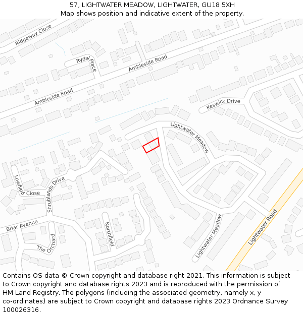 57, LIGHTWATER MEADOW, LIGHTWATER, GU18 5XH: Location map and indicative extent of plot