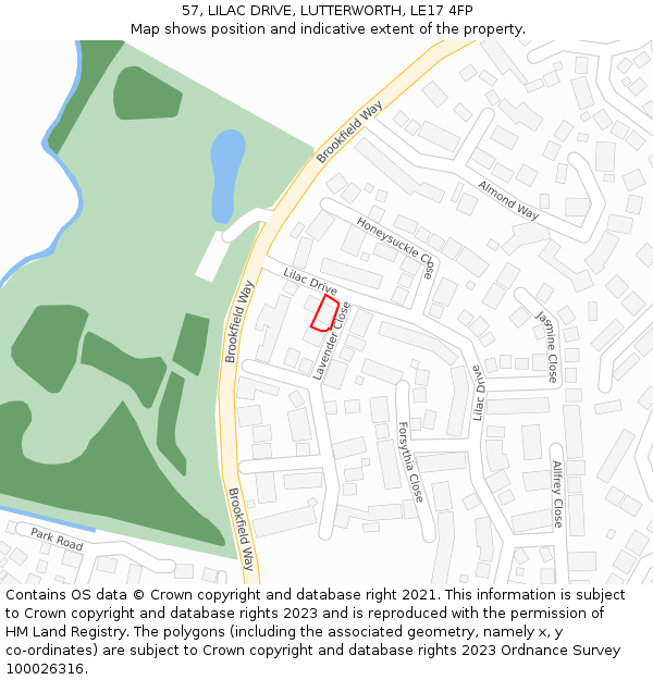 57, LILAC DRIVE, LUTTERWORTH, LE17 4FP: Location map and indicative extent of plot