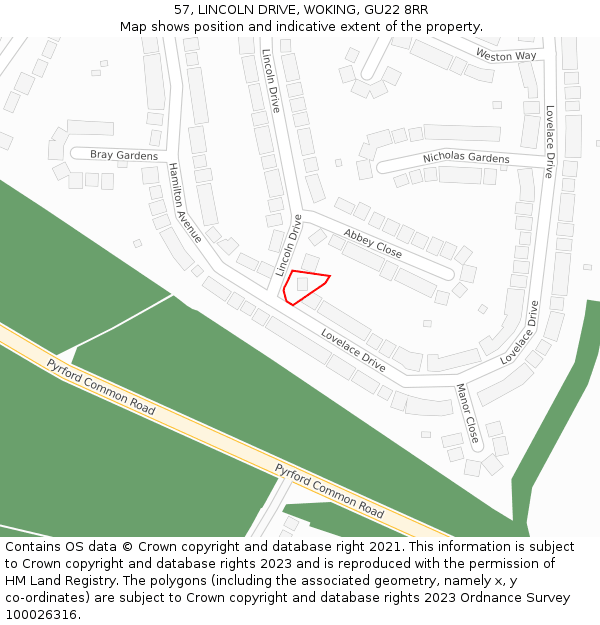 57, LINCOLN DRIVE, WOKING, GU22 8RR: Location map and indicative extent of plot