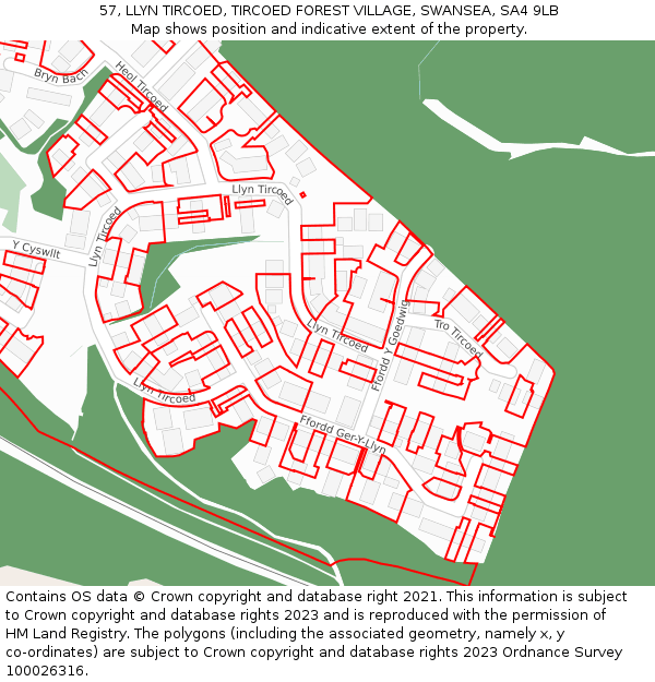 57, LLYN TIRCOED, TIRCOED FOREST VILLAGE, SWANSEA, SA4 9LB: Location map and indicative extent of plot