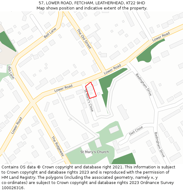 57, LOWER ROAD, FETCHAM, LEATHERHEAD, KT22 9HD: Location map and indicative extent of plot