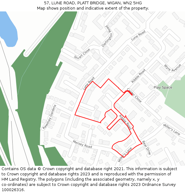 57, LUNE ROAD, PLATT BRIDGE, WIGAN, WN2 5HG: Location map and indicative extent of plot