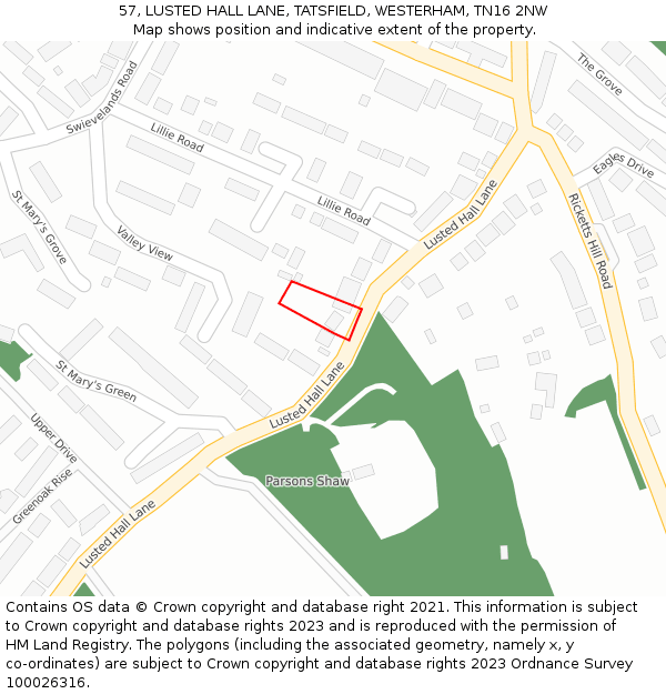 57, LUSTED HALL LANE, TATSFIELD, WESTERHAM, TN16 2NW: Location map and indicative extent of plot