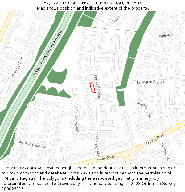 57, LYVELLY GARDENS, PETERBOROUGH, PE1 5RX: Location map and indicative extent of plot