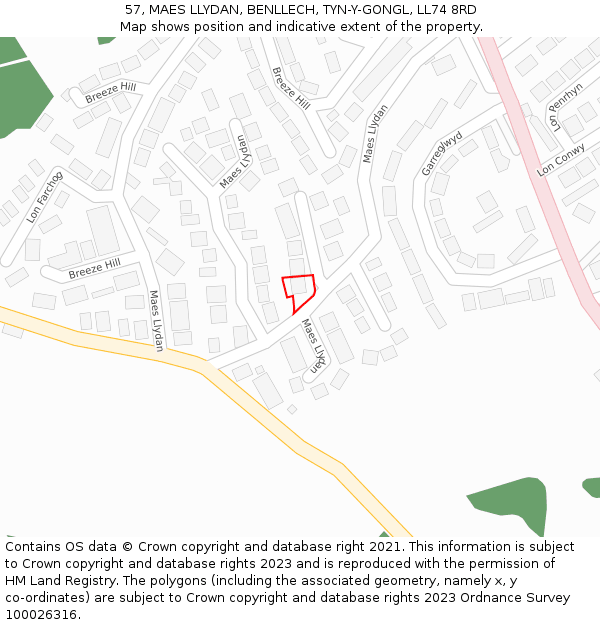 57, MAES LLYDAN, BENLLECH, TYN-Y-GONGL, LL74 8RD: Location map and indicative extent of plot