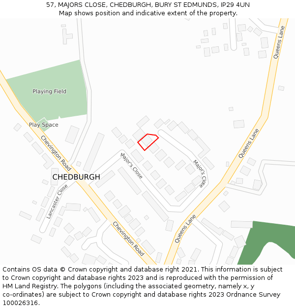 57, MAJORS CLOSE, CHEDBURGH, BURY ST EDMUNDS, IP29 4UN: Location map and indicative extent of plot