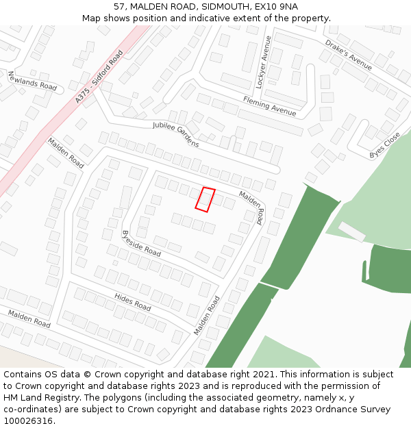 57, MALDEN ROAD, SIDMOUTH, EX10 9NA: Location map and indicative extent of plot