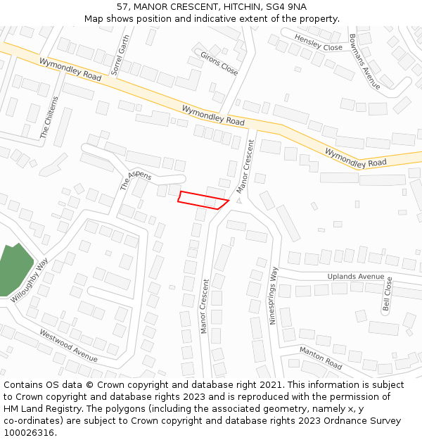 57, MANOR CRESCENT, HITCHIN, SG4 9NA: Location map and indicative extent of plot