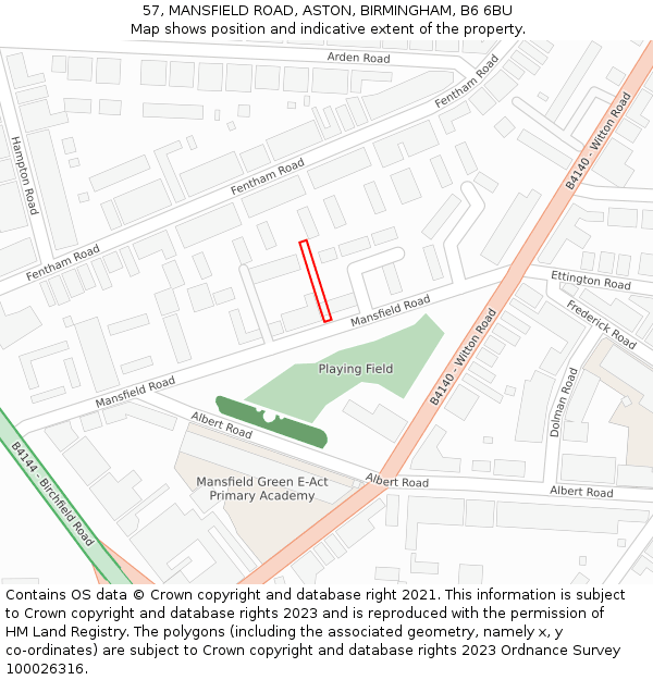 57, MANSFIELD ROAD, ASTON, BIRMINGHAM, B6 6BU: Location map and indicative extent of plot