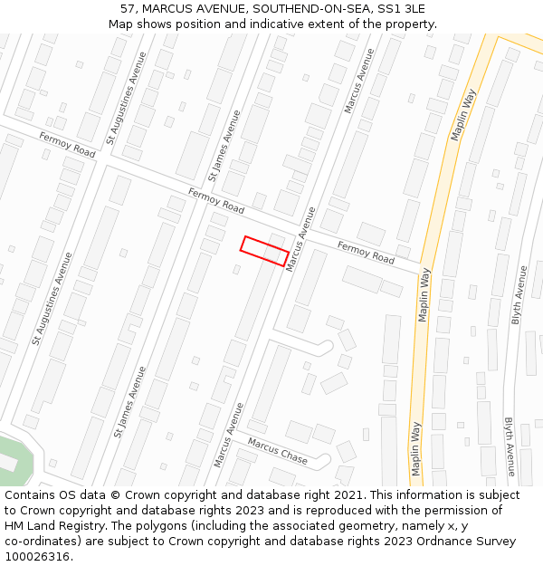 57, MARCUS AVENUE, SOUTHEND-ON-SEA, SS1 3LE: Location map and indicative extent of plot