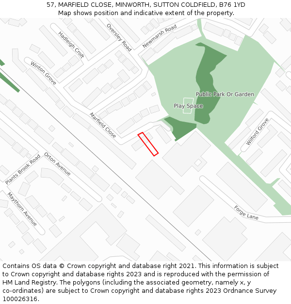 57, MARFIELD CLOSE, MINWORTH, SUTTON COLDFIELD, B76 1YD: Location map and indicative extent of plot