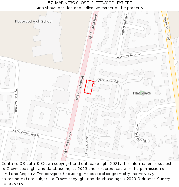 57, MARINERS CLOSE, FLEETWOOD, FY7 7BF: Location map and indicative extent of plot